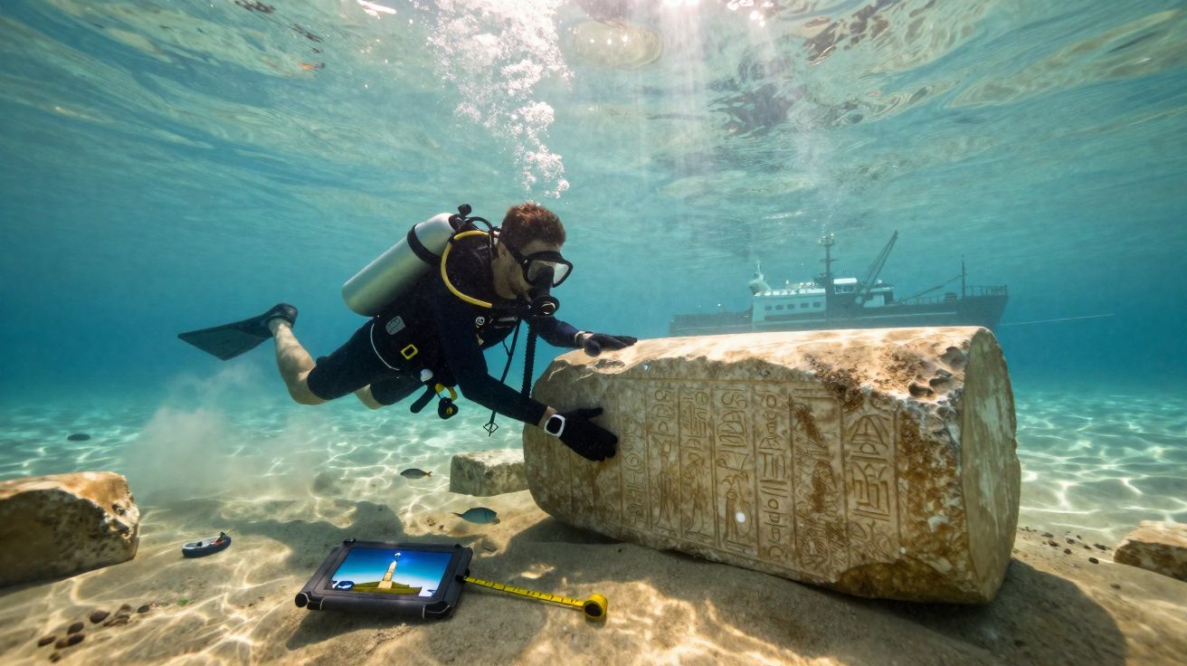Mergulhador arqueólogo examina coluna submersa com inscrições hieroglíficas, barco e equipamento visíveis ao fundo.