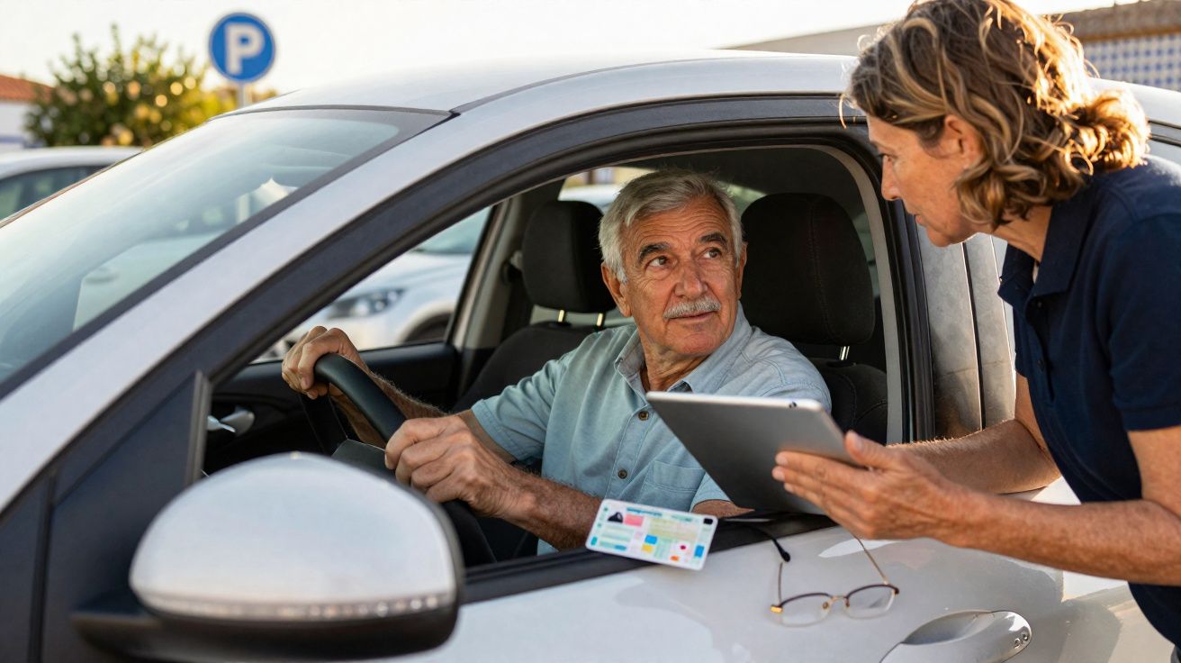 Homem idoso sentado no carro a entregar cartão de cidadão a mulher com tablet fora do veículo.