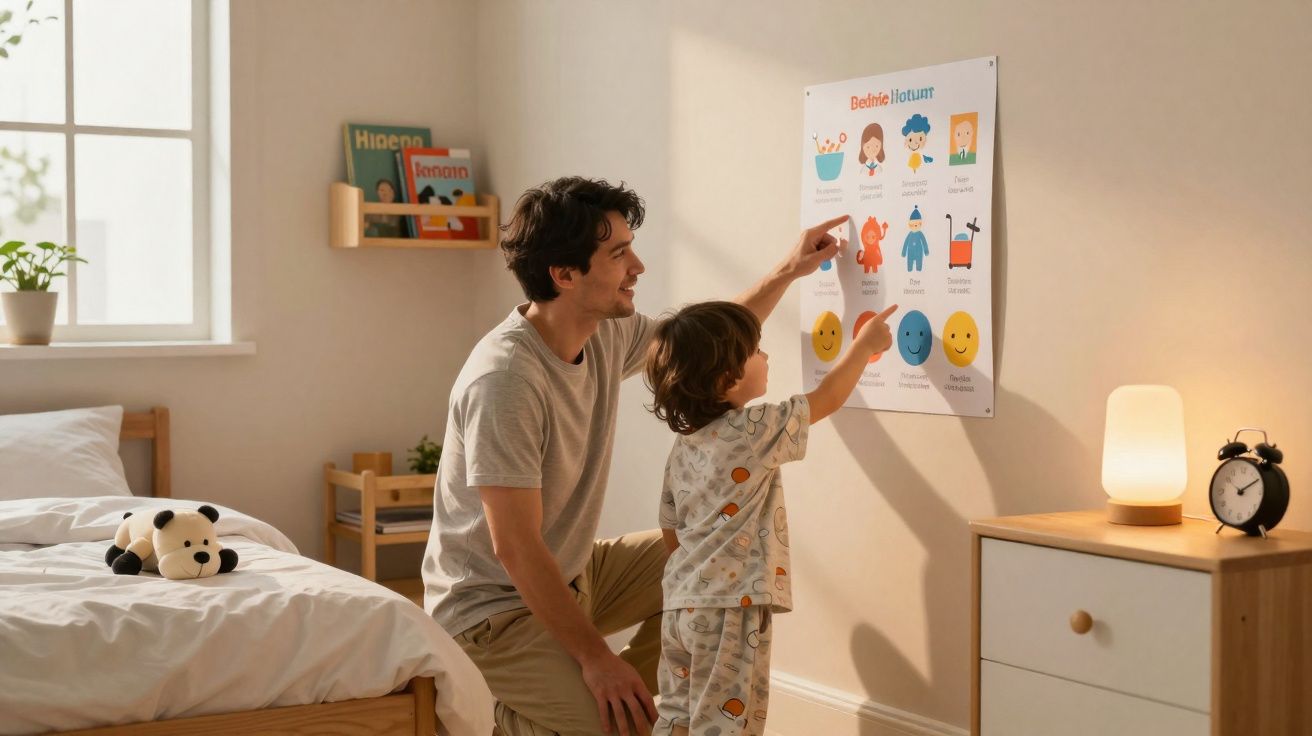 Pai e filho apontam para um cartaz educativo num quarto infantil iluminado de forma acolhedora.