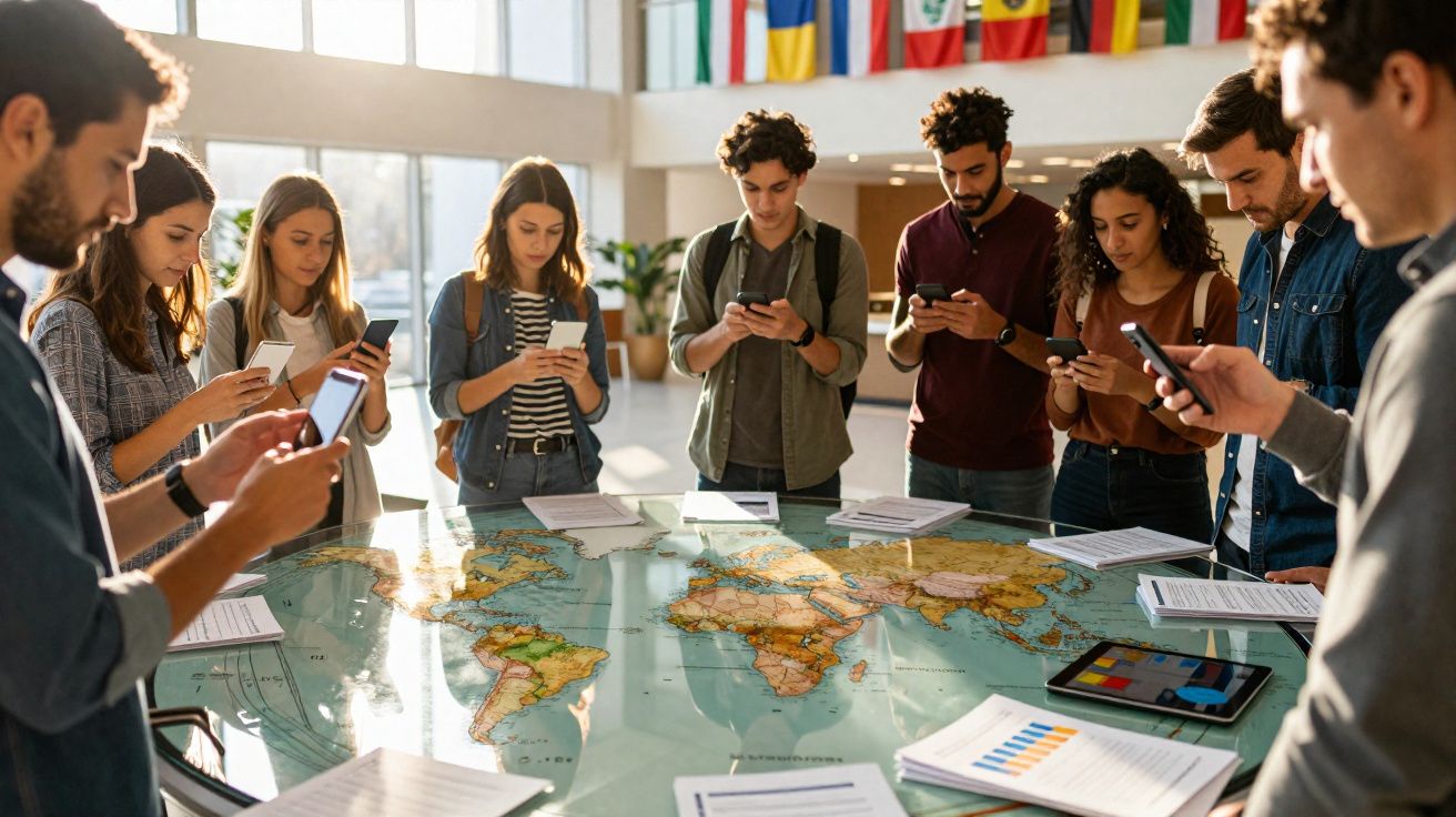 Grupo de jovens reunidos em volta de uma mesa com mapa-múndi, todos a usar smartphones.
