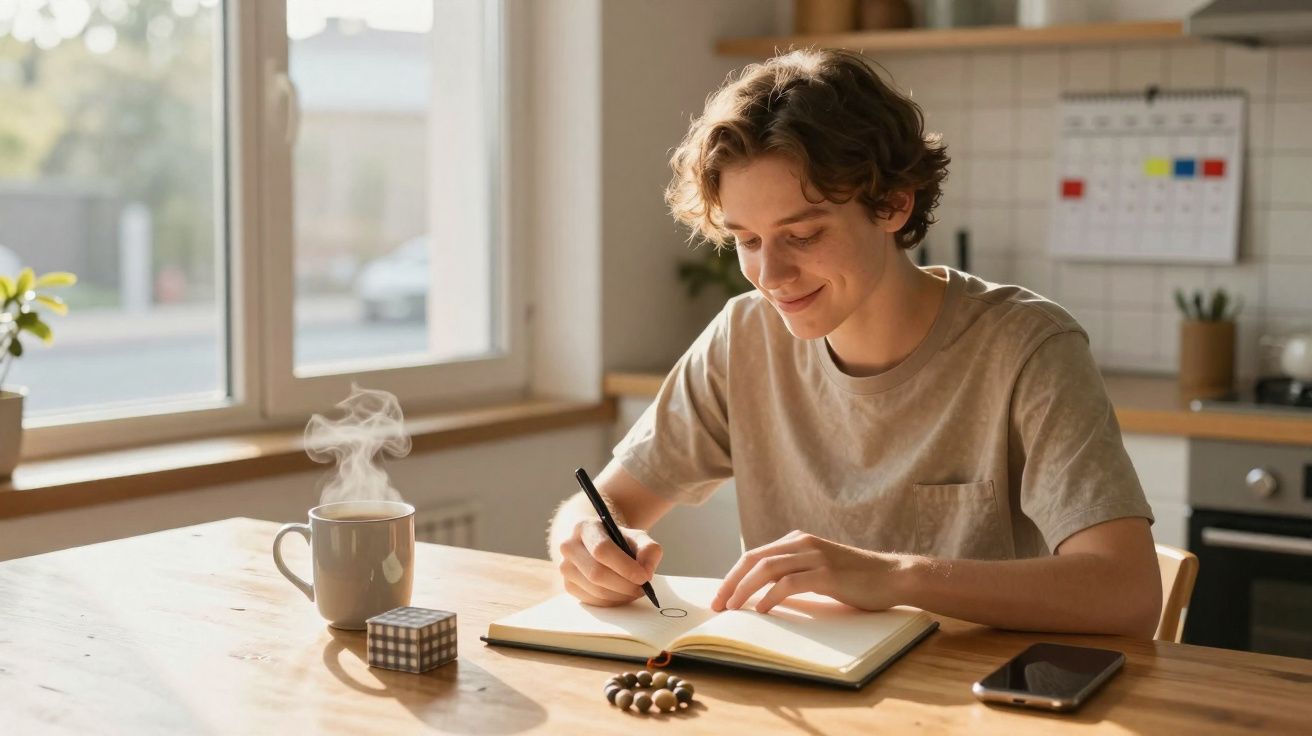 Jovem a sorrir enquanto desenha num caderno com uma chávena de chá fumegante numa cozinha iluminada.