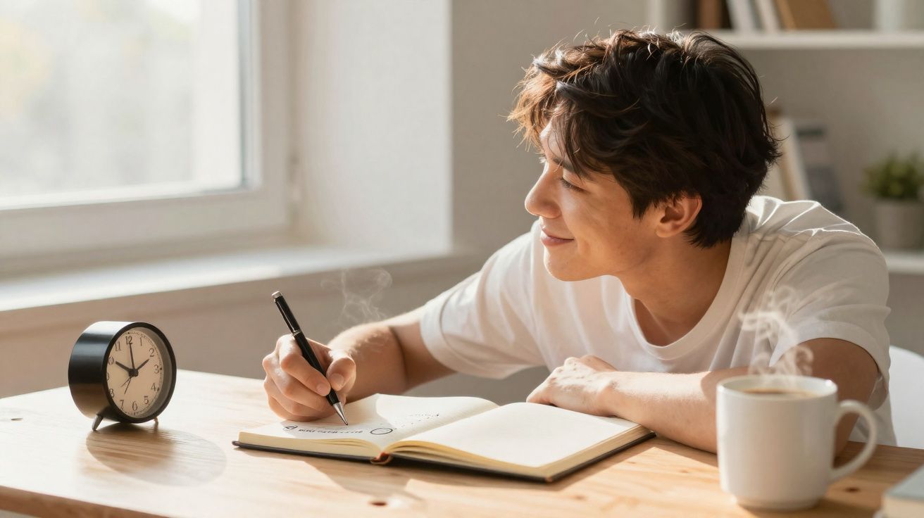 Pessoa jovem a escrever num caderno numa mesa com relógio e chá quente, sorrindo e olhando para a janela.