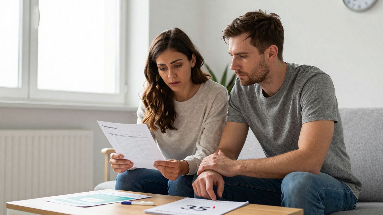Casal sentado no sofá, preocupado a analisar documentos e papéis numa mesa à frente.