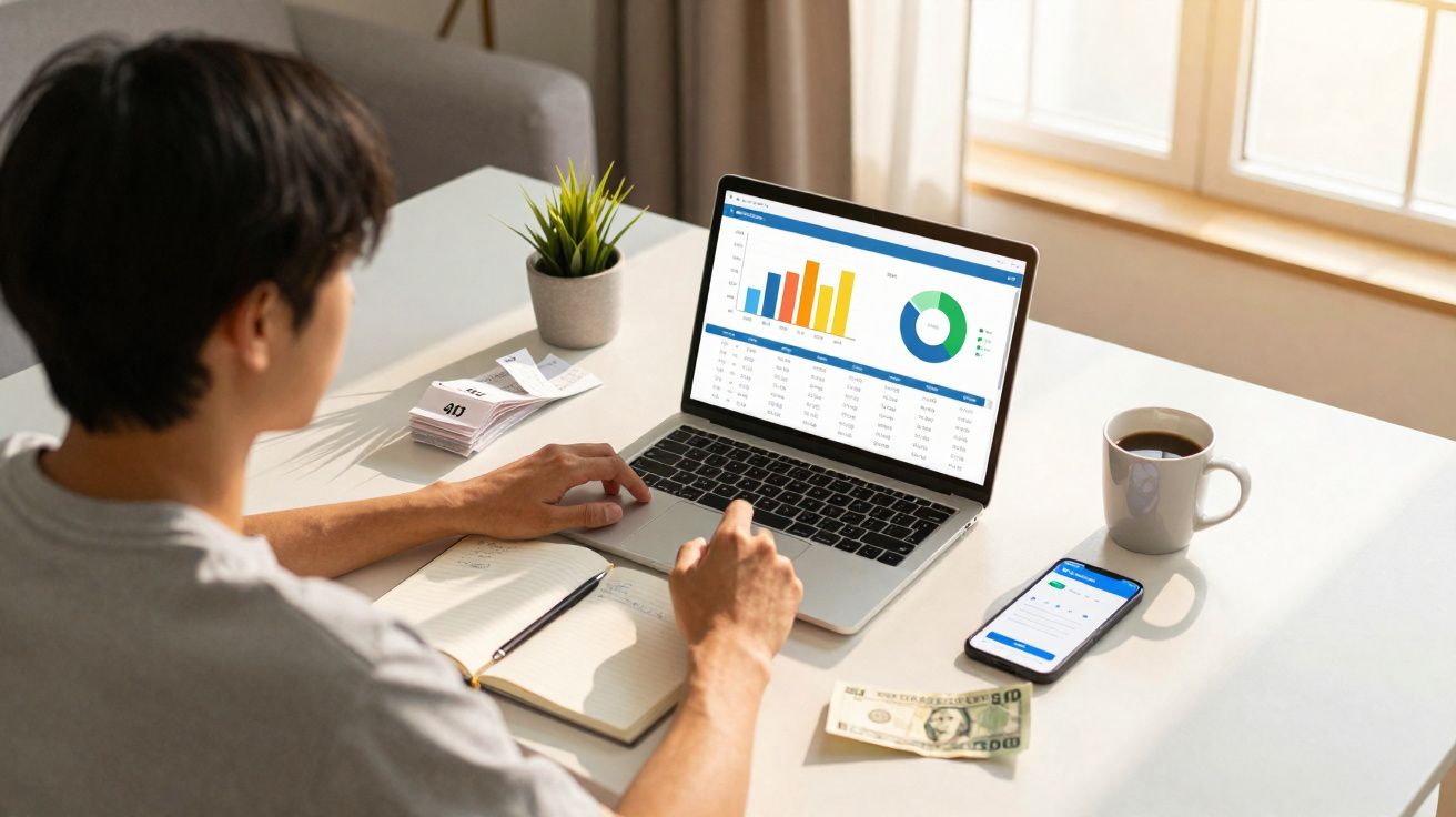 Pessoa a analisar gráficos financeiros no computador portátil numa mesa com café e dinheiro.
