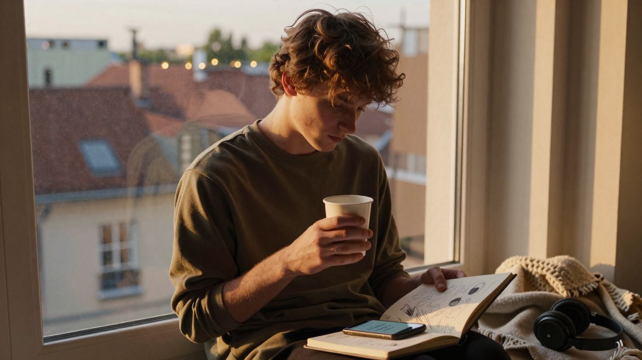 Jovem sentado junto a uma janela, a beber de um copo e a olhar para um caderno com desenhos.