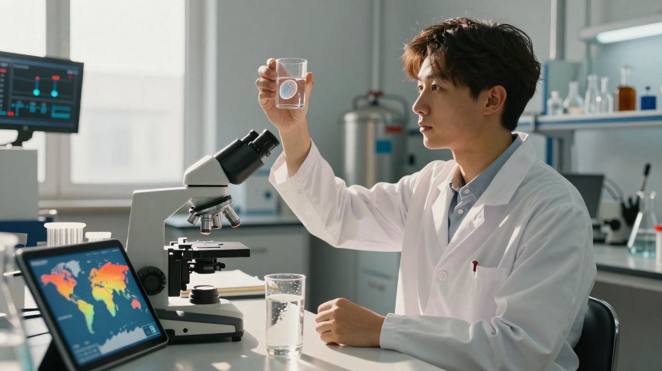 Cientista com bata branca a observar amostra líquida em copo no laboratório com microscópio e ecrãs digitais.