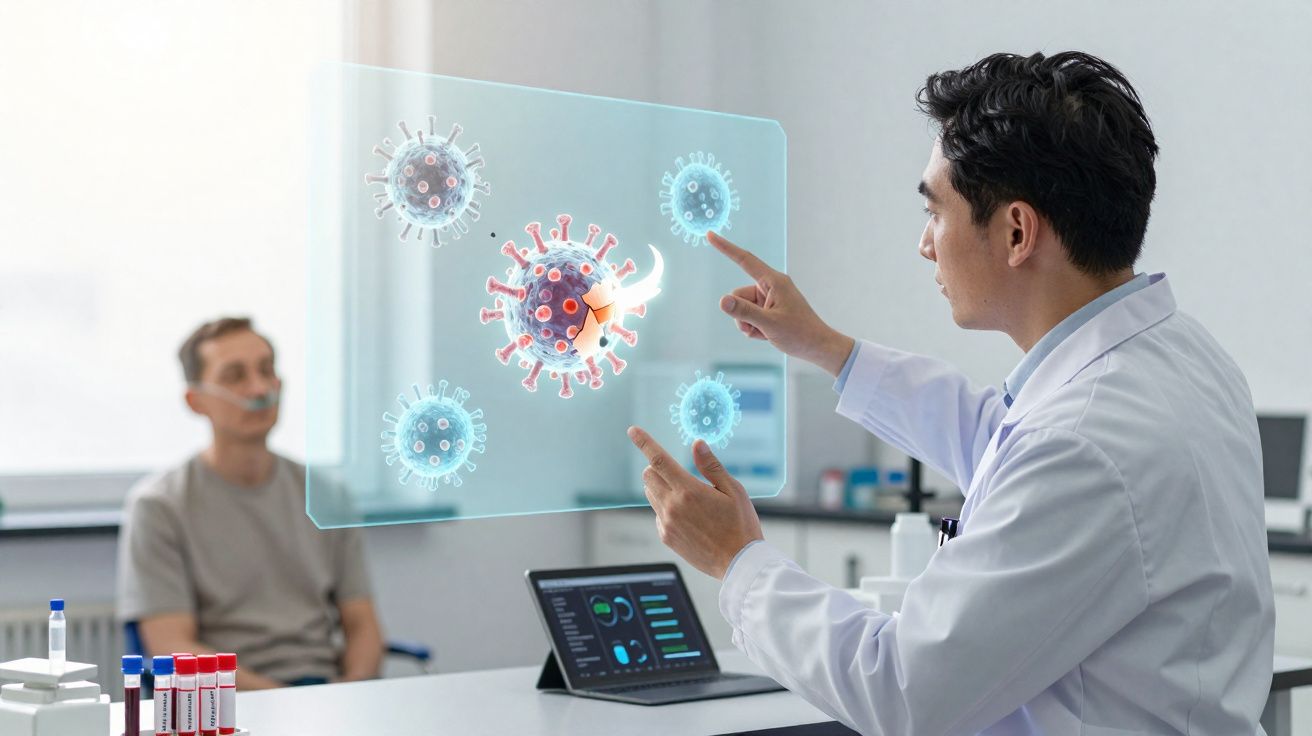 Médico analisa modelo digital do vírus em ecrã transparente, com paciente sentado ao fundo usando máscara nasal.