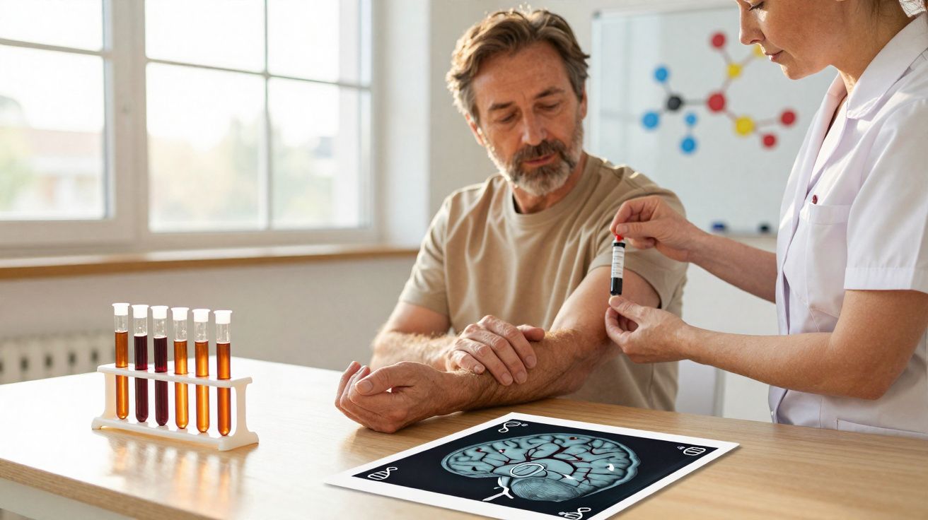 Homem a receber recolha de sangue por profissional de saúde num consultório luminoso.