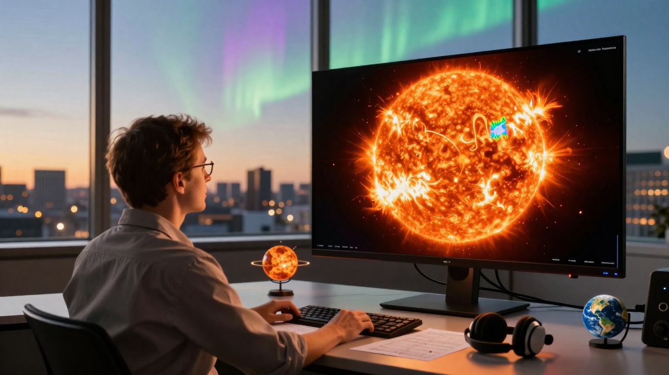 Pessoa sentada a observar imagem do Sol num monitor grande, com modelo do sistema solar na secretária.