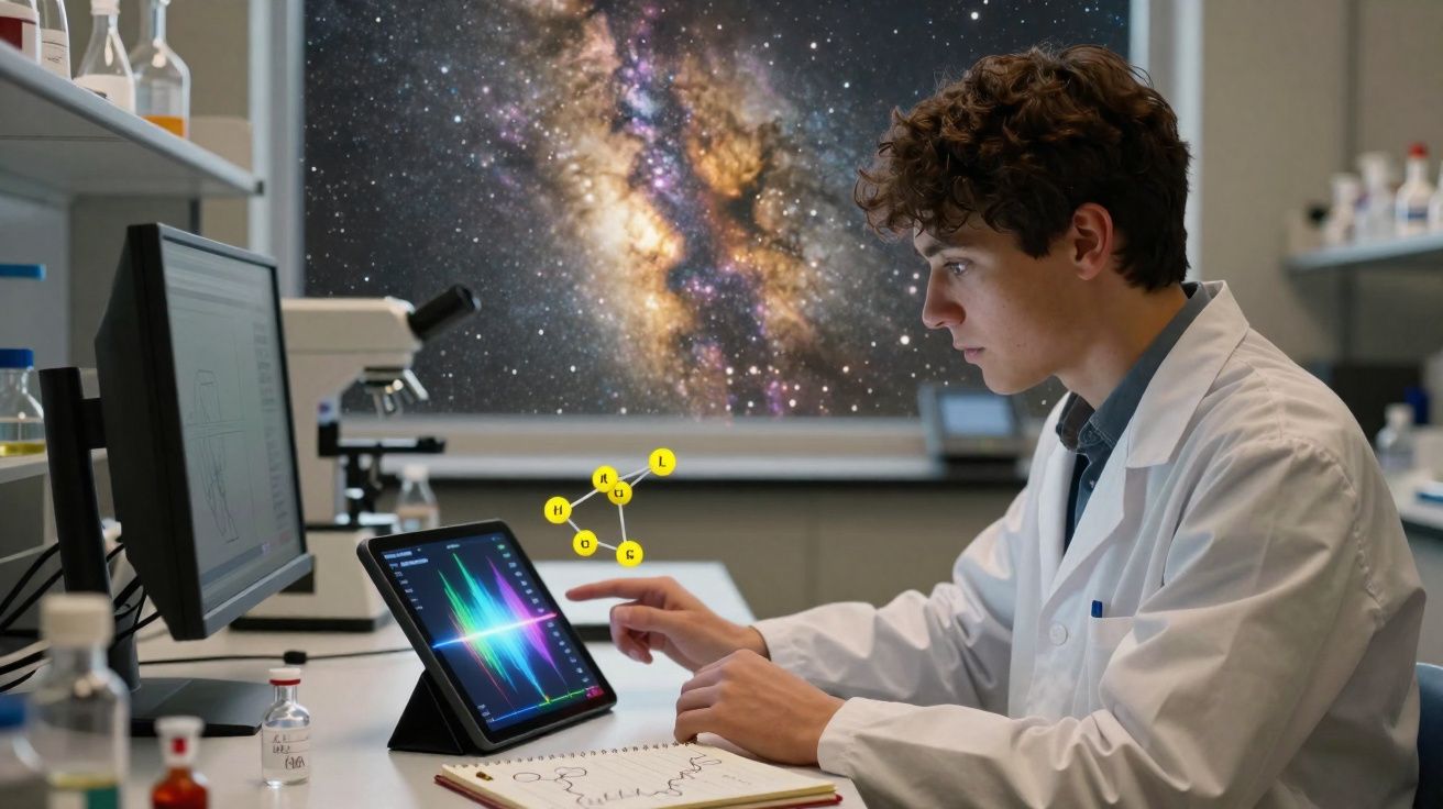 Jovem cientista em laboratório analisa dados numa tablet com modelo molecular e imagens do cosmos ao fundo.