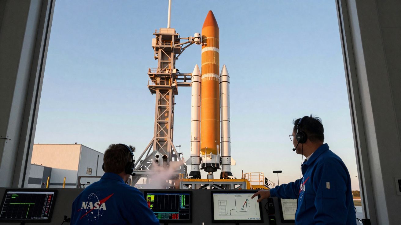 Dois técnicos da NASA controlam o lançamento de um foguetão no centro de lançamento ao ar livre.