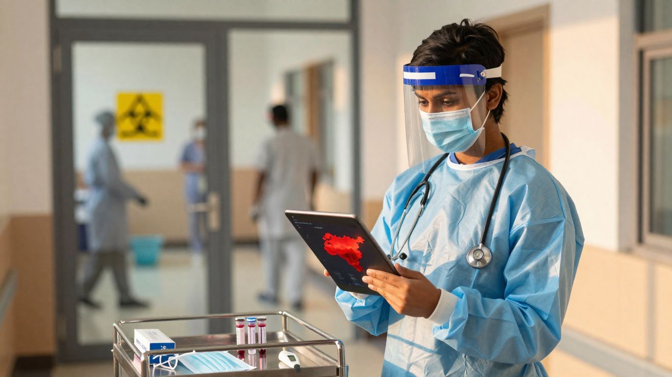 Profissional de saúde com equipamento de proteção a analisar dados num tablet num hospital.