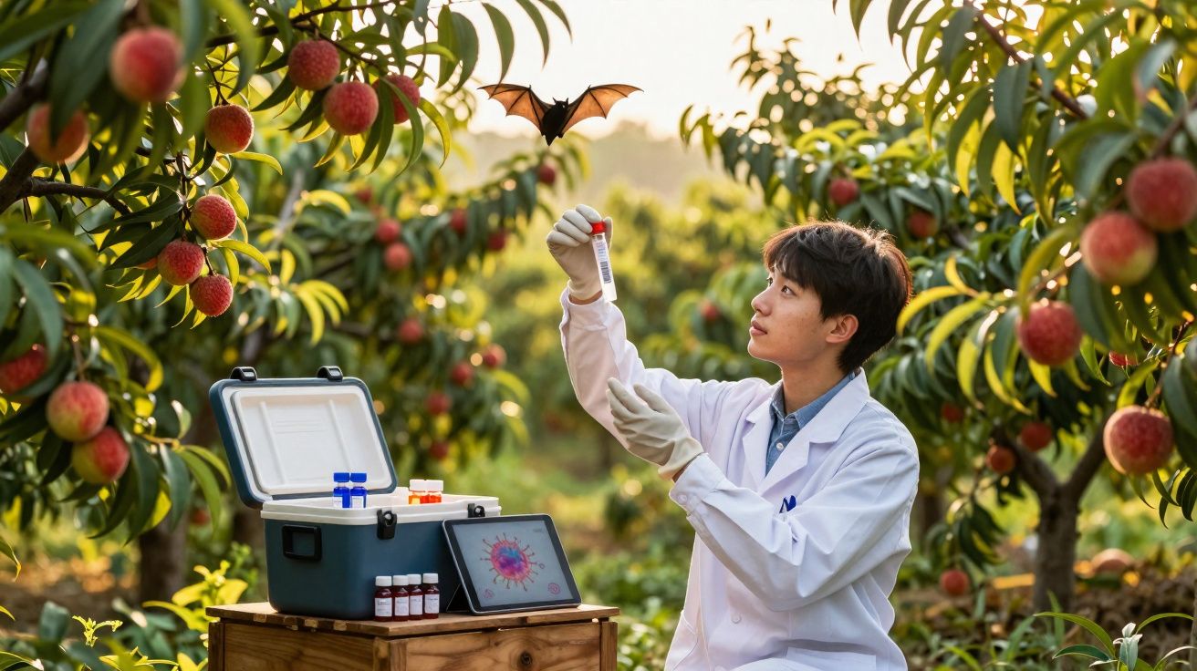 Cientista analisa amostra em pomar enquanto um morcego voa próximo.