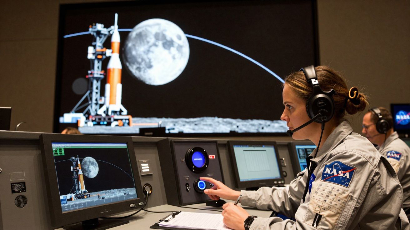 Mulher com uniforme NASA controla missão espacial com simulador de lançamento de foguetão e planeta Lua ao fundo.