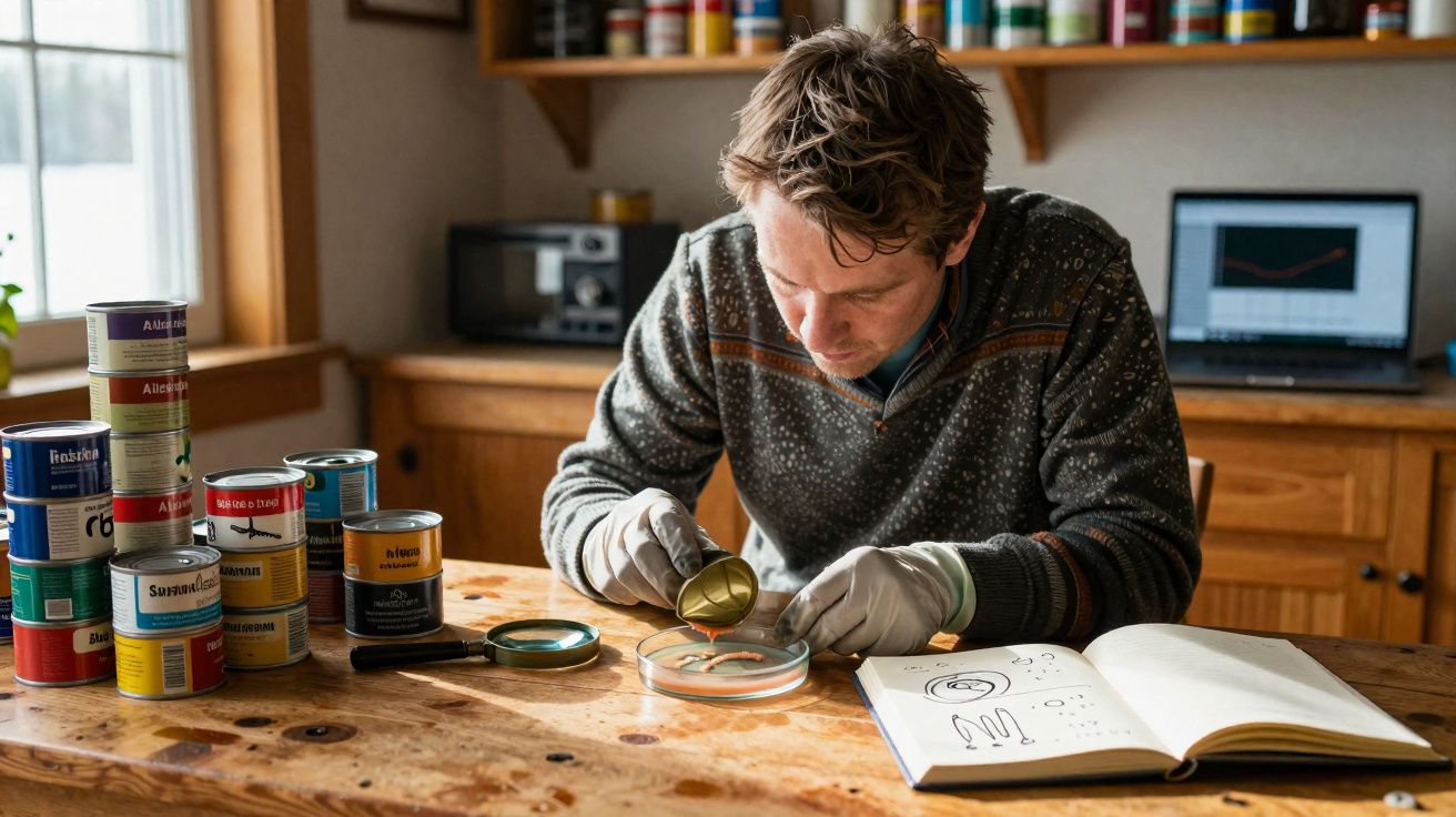 Homem a estudar amostras em prato de Petri com luvas, rodeado de latas, lupa e livro aberto numa mesa de madeira.