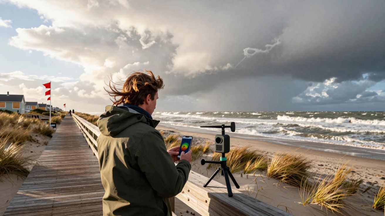 Homem com casaco verde usa smartphone para controlar dispositivo meteorológico na praia junto a passadiço de madeira.