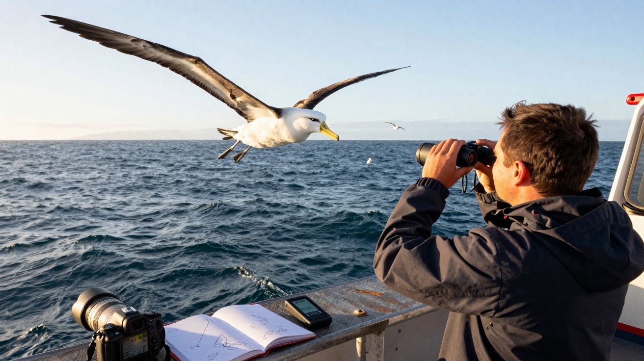 Homem observa albatroz com binóculos num barco, com caderno, câmera e mar ao fundo.