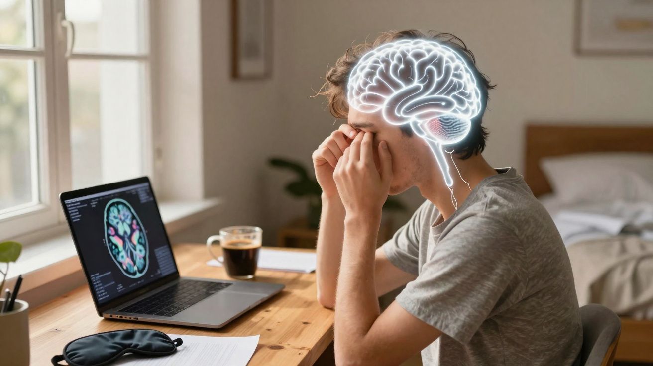 Homem com dor de cabeça vê imagem de cérebro numa mesa com computador portátil e café.