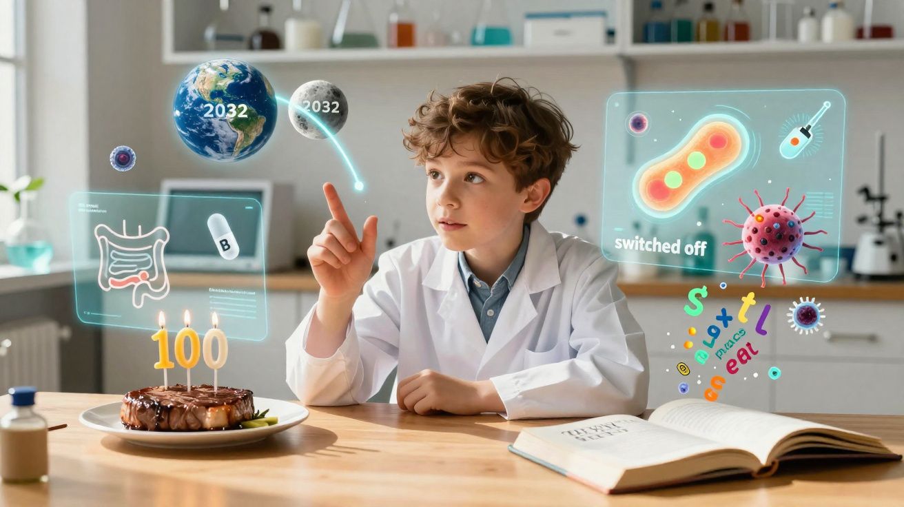 Criança de bata branca estudando hologramas científicos sobre saúde, planeta Terra e bactérias numa mesa com bolo e livro abe
