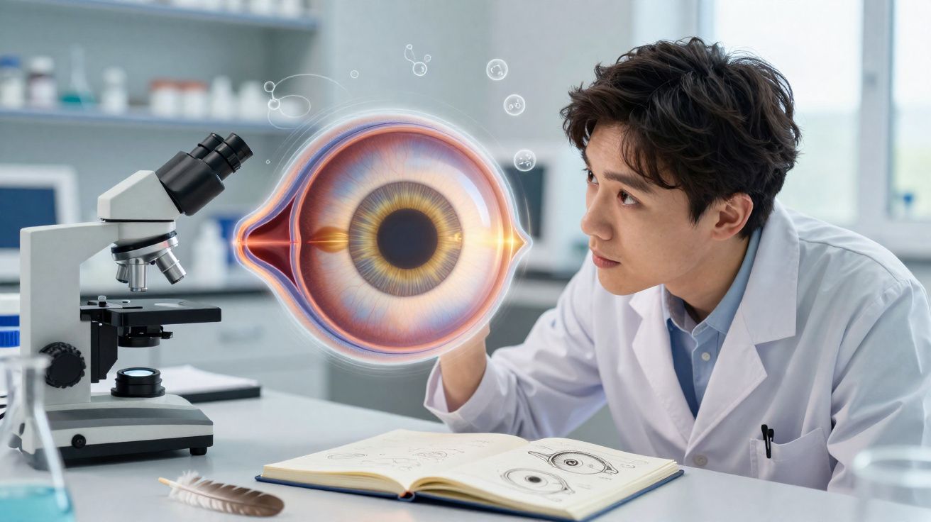 Cientista numa sala de laboratório a estudar um modelo 3D de olho humano com microscópio e livro aberto.
