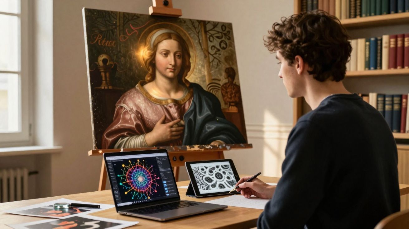 Jovem a desenhar no tablet, com portátil e pintura clássica de figura religiosa numa sala com estantes.