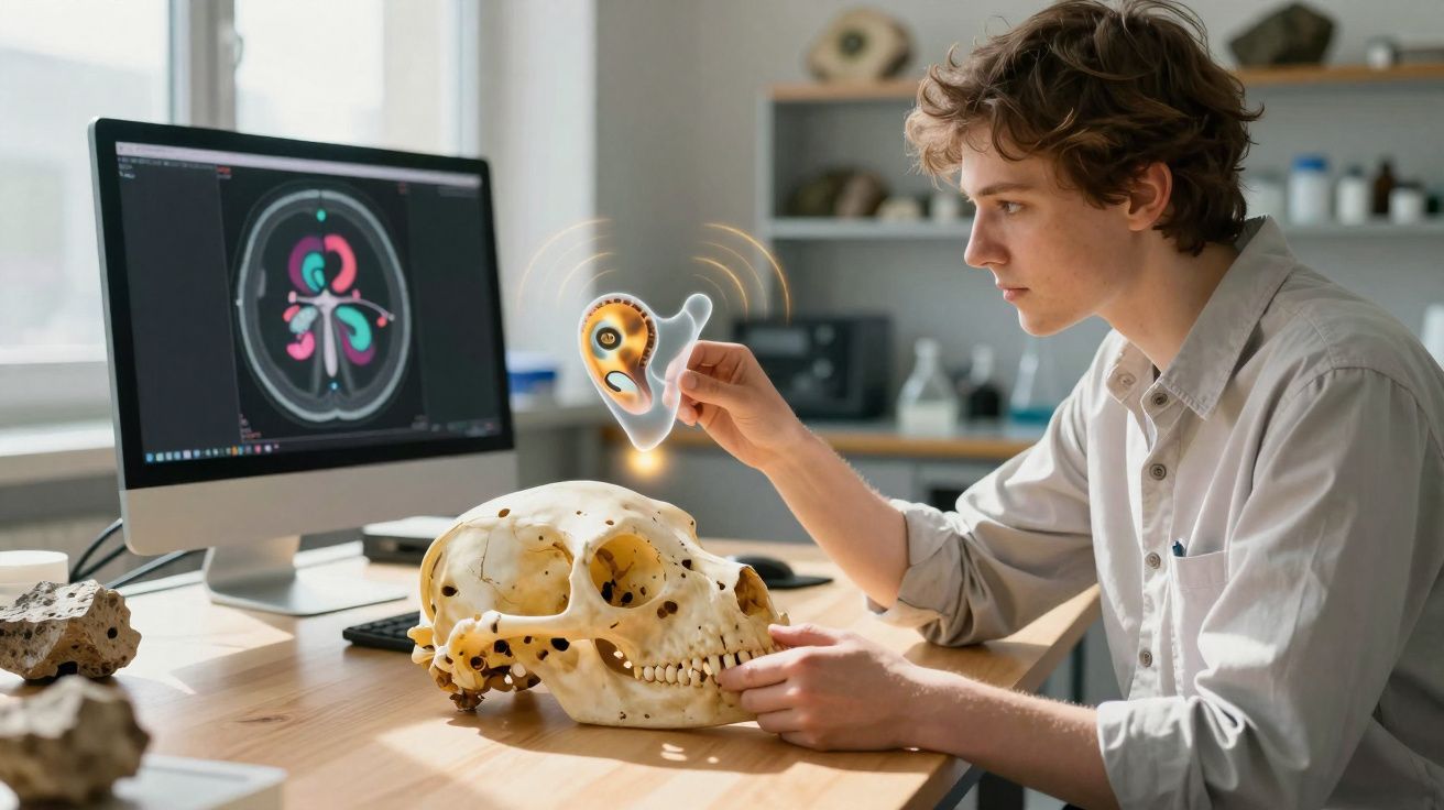 Jovem cientista analisa crânio com dispositivo tecnológico holográfico em laboratório moderno.