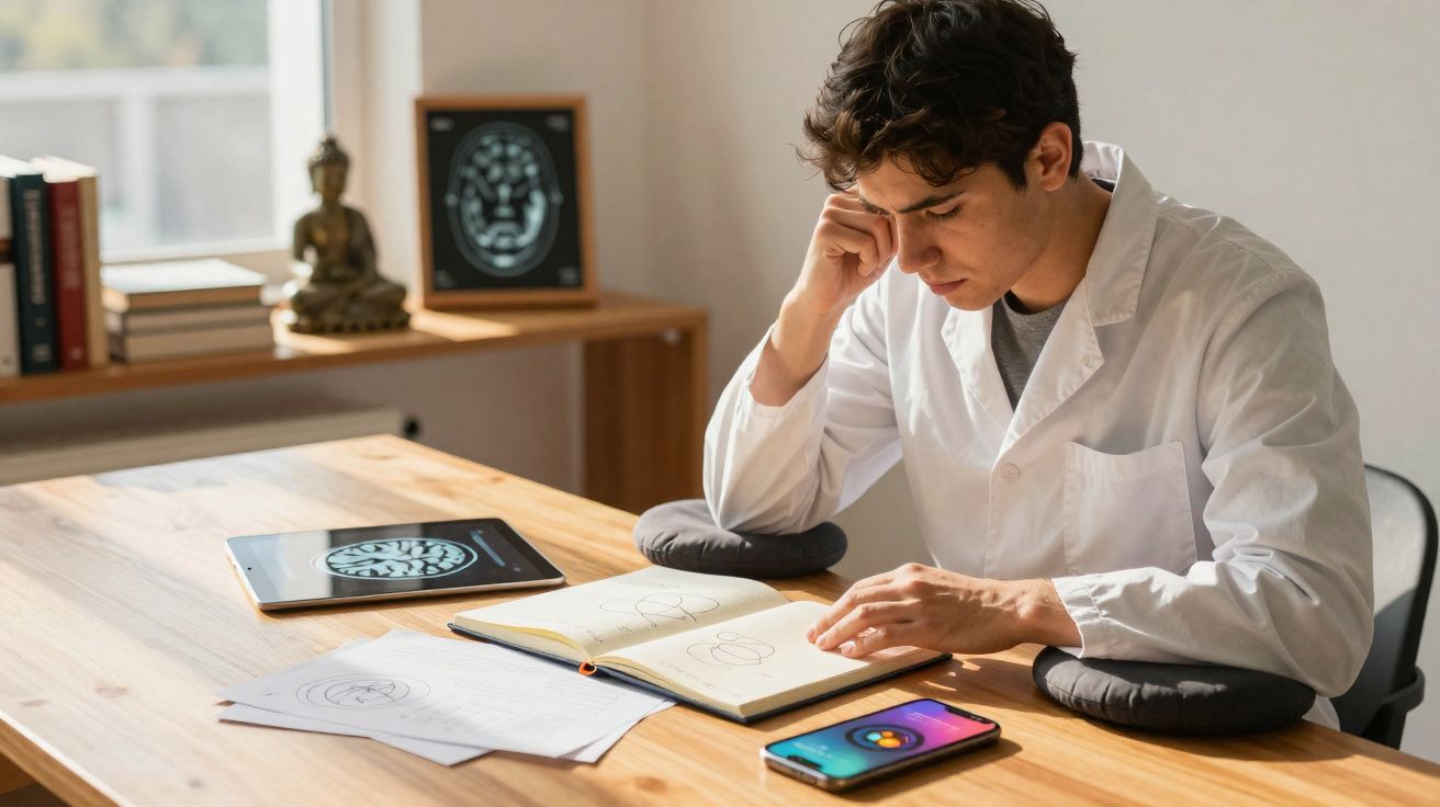 Homem em bata branca a estudar desenhos cerebrais numa mesa com tablet, smartphone e papéis à sua frente.