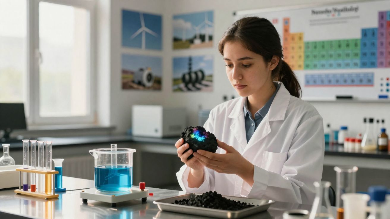 Mulher cientista em laboratório analisa amostra de carvão enquanto equipamentos científicos estão na bancada.