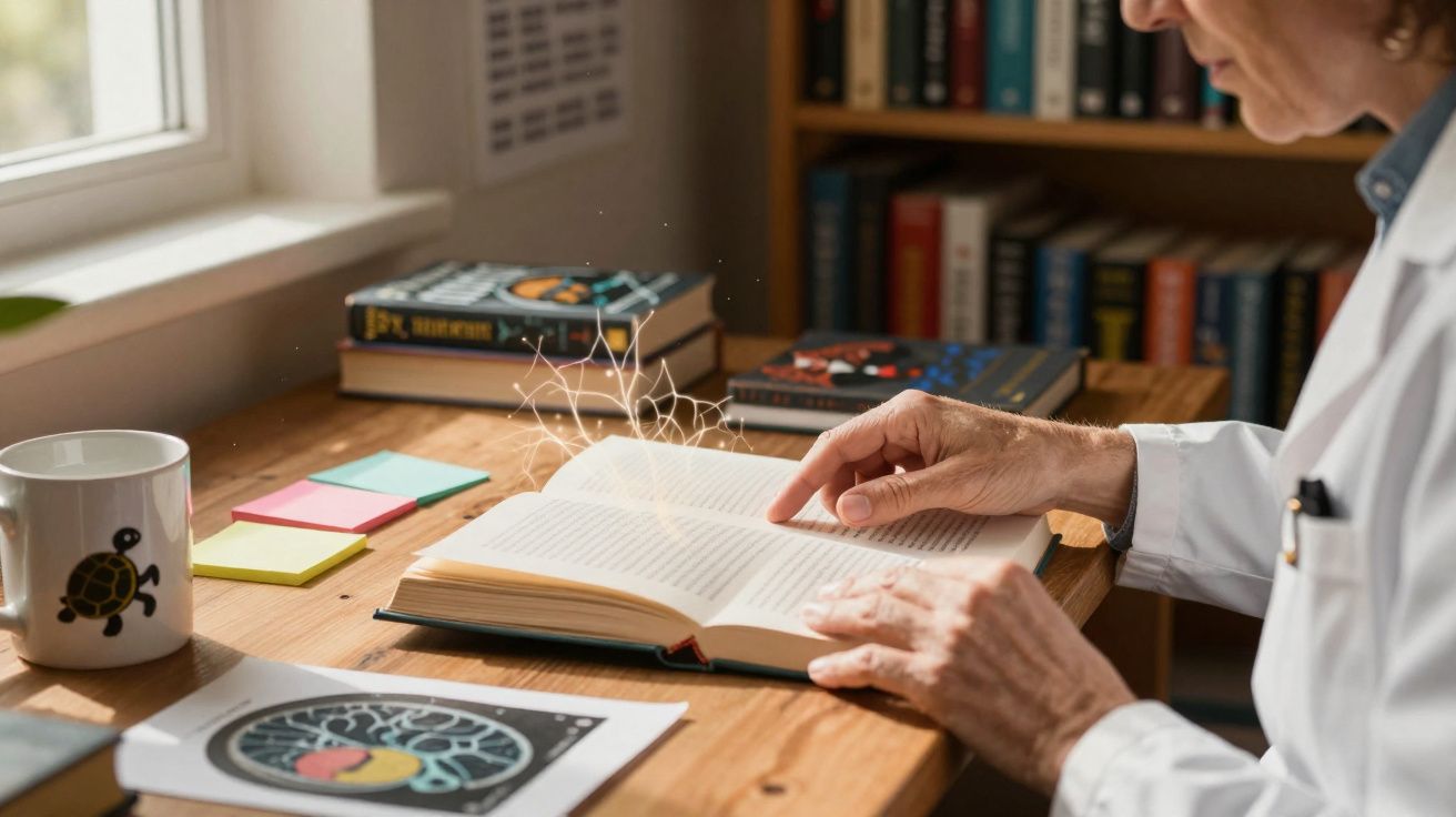 Pessoa a ler livro com imagens de cérebro numa mesa de madeira junto a janela com livros ao fundo.
