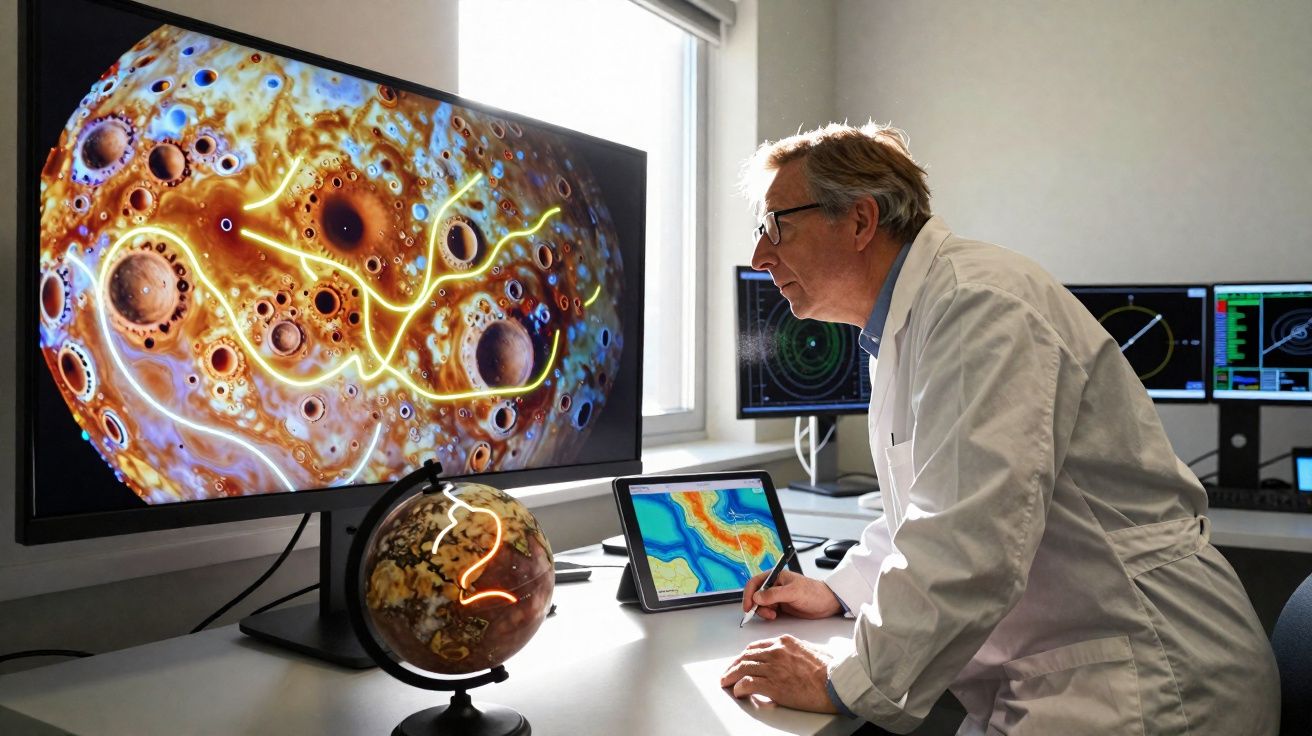 Cientista em bata branca analisa imagens planetárias digitais e um globo numa sala de investigação.