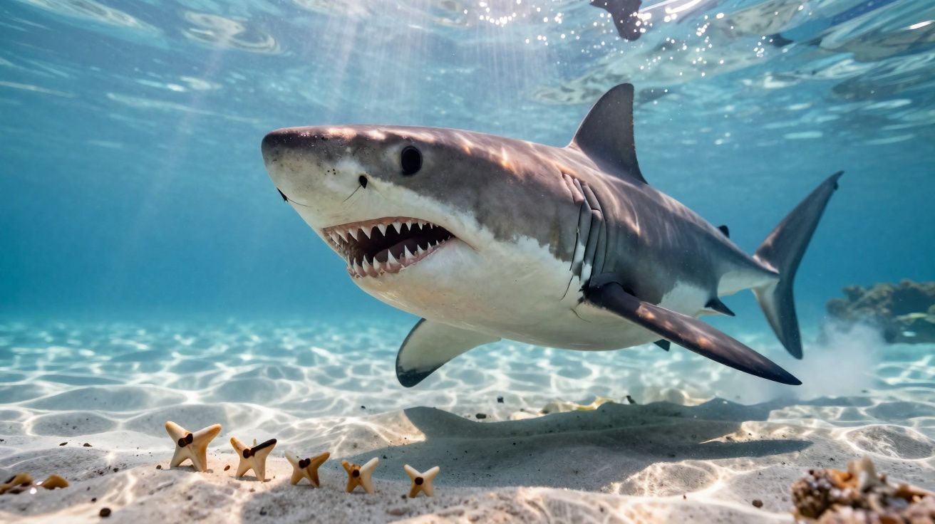 Tubarão nadando perto do fundo do mar com estrelas-do-mar no areal iluminado pela luz solar.