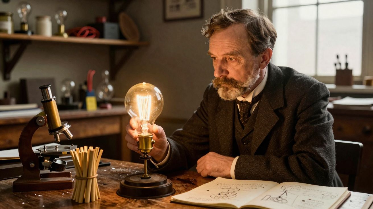 Homem idoso com fato antigo observa cuidadosamente uma lâmpada incandescente num laboratório vintage.