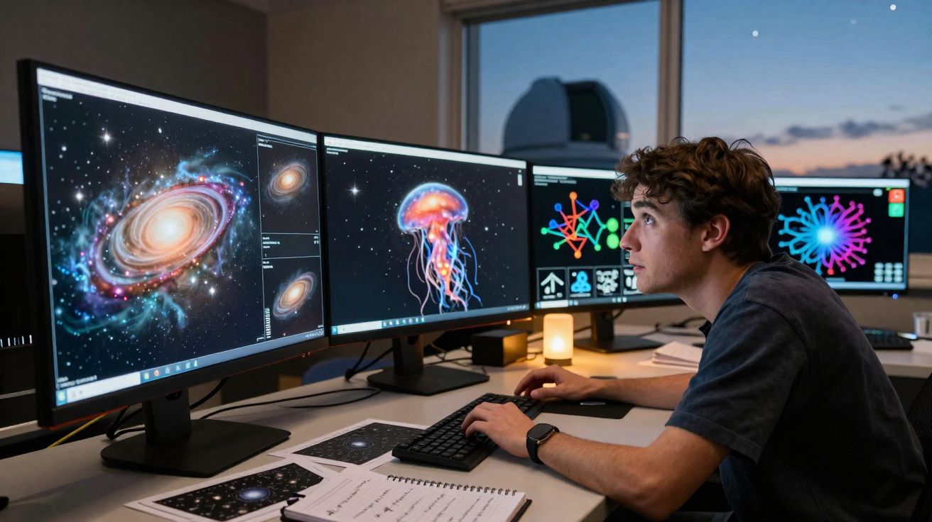 Jovem observa imagens de galáxias e uma medusa em ecrãs duplos numa sala escura ao entardecer.