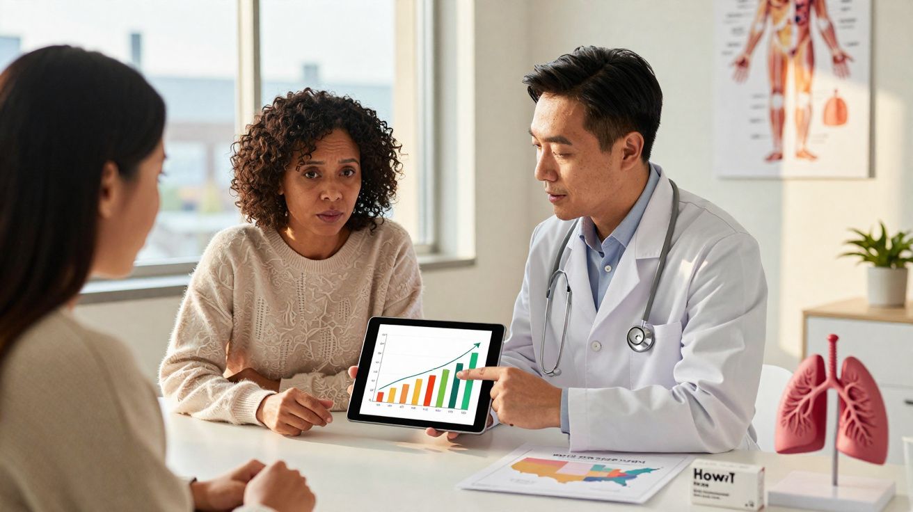 Médico mostra gráfico em tablet a duas mulheres durante consulta num gabinete clínico.