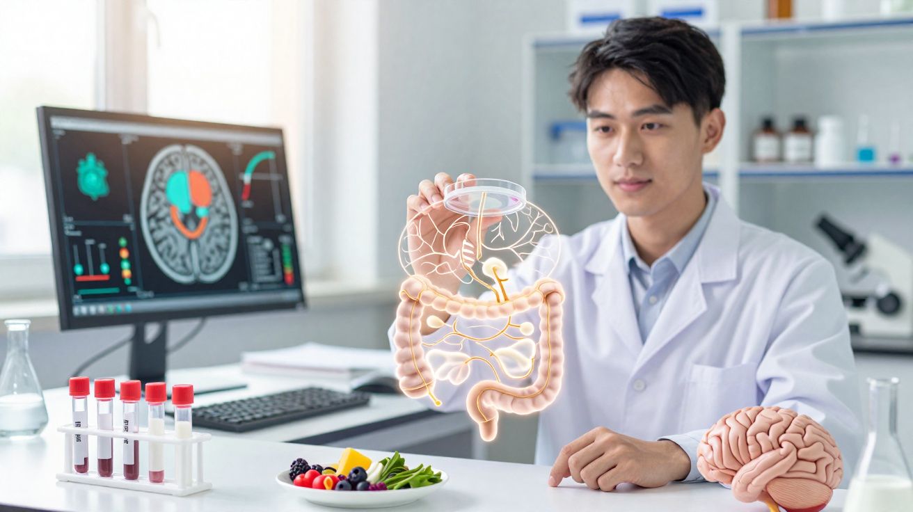 Cientista em laboratório com alimentos saudáveis e ilustração digital do sistema digestivo e cérebro.