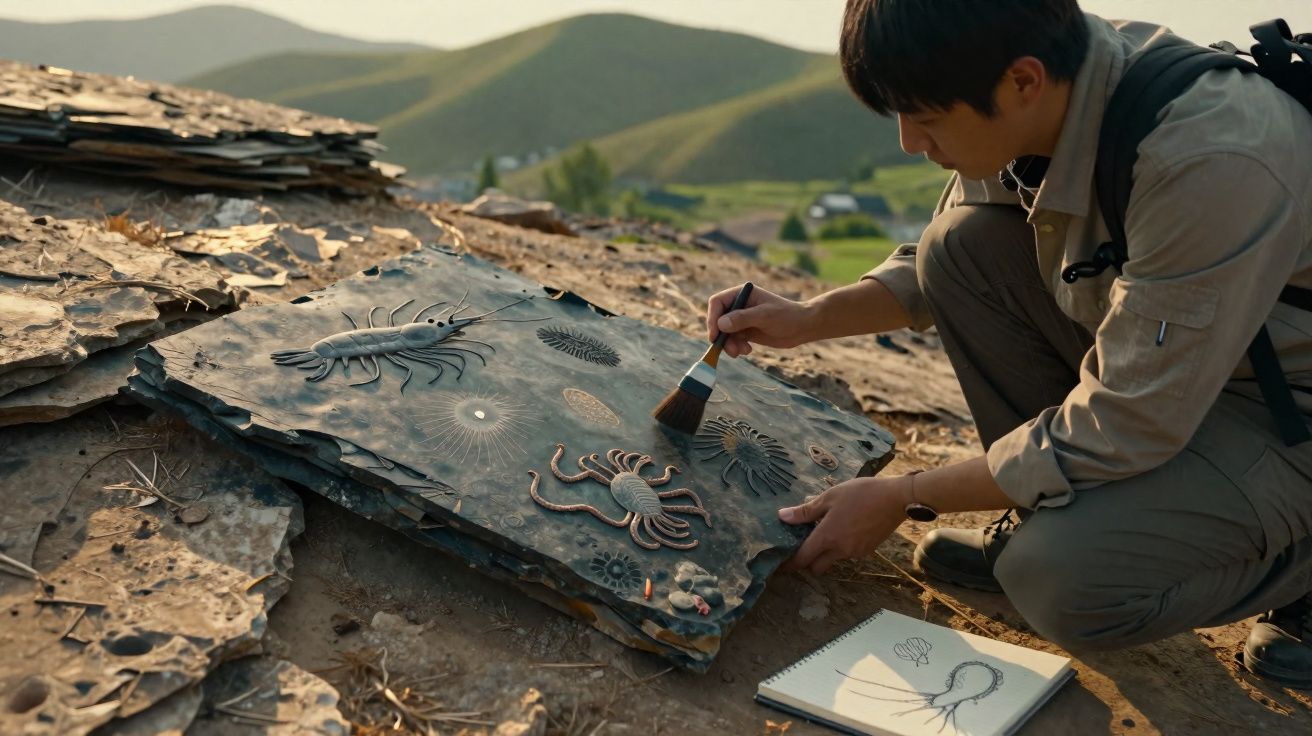 Homem examina e limpa fósseis marinhos em placas de pedra num sítio arqueológico ao ar livre.