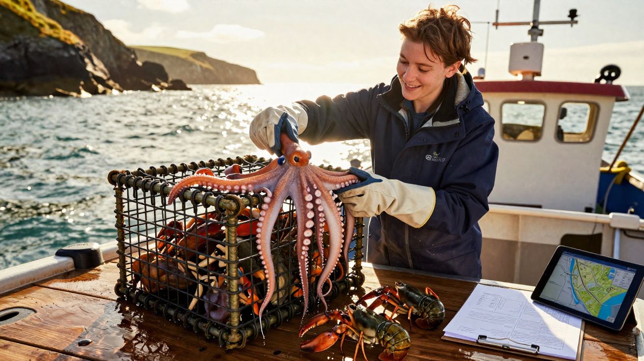 Pessoa a segurar um polvo fresco junto a armadilha de crustáceos num barco no mar durante o dia.