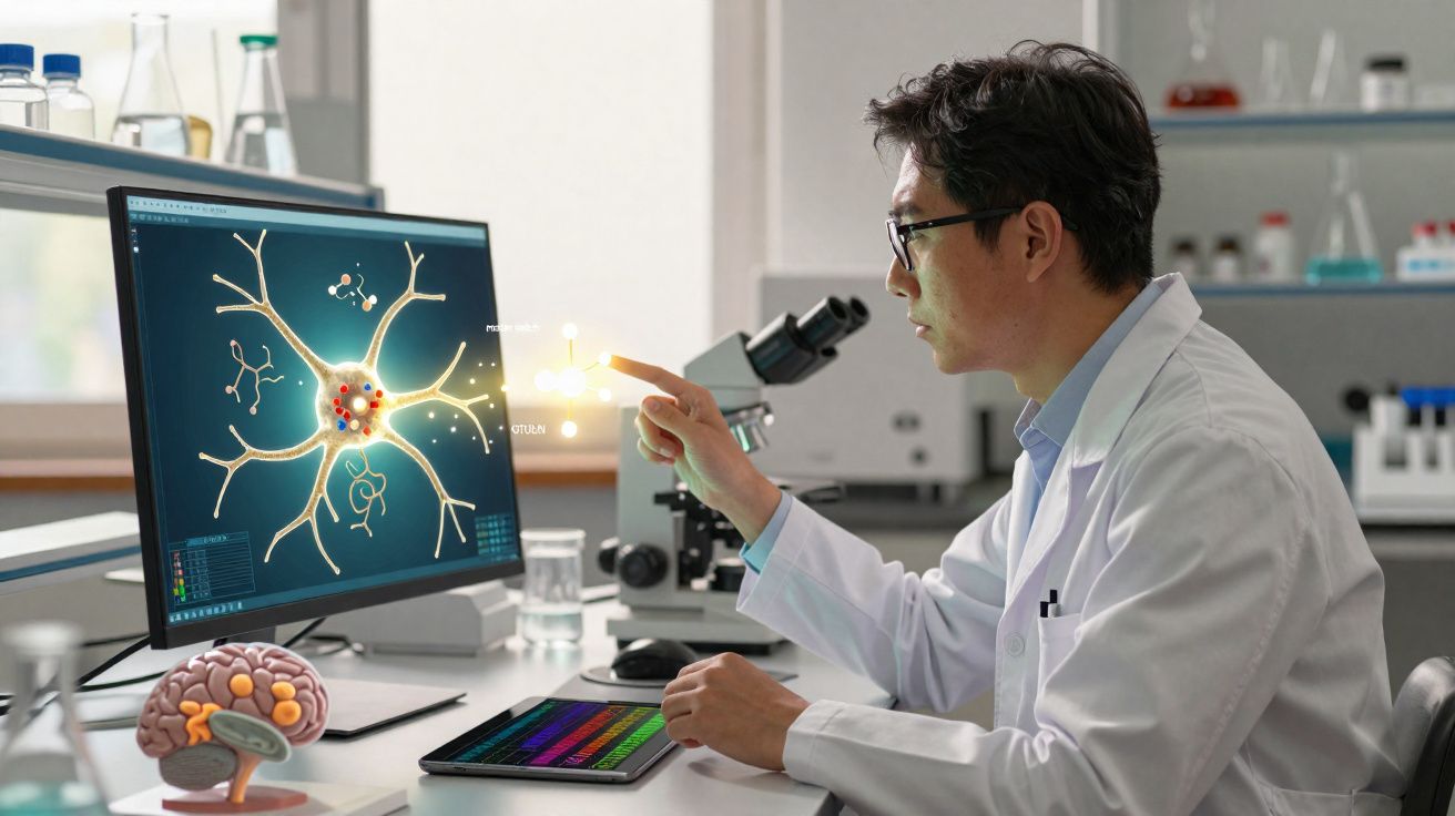 Cientista num laboratório a analisar no computador uma imagem digital ampliada de uma célula nervosa.