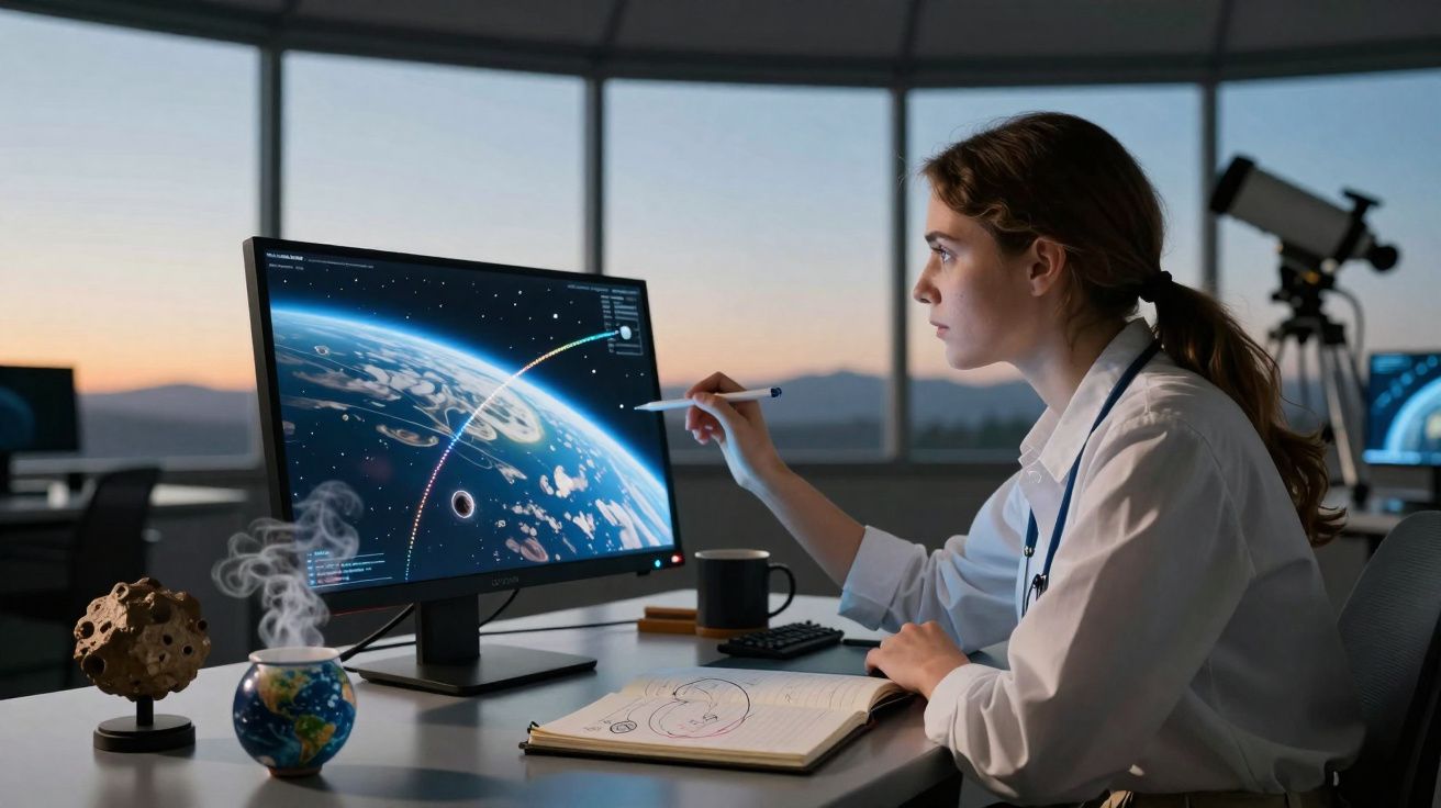 Mulher analisa dados do espaço numa mesa com modelos de planeta e notebook ao pôr do sol.