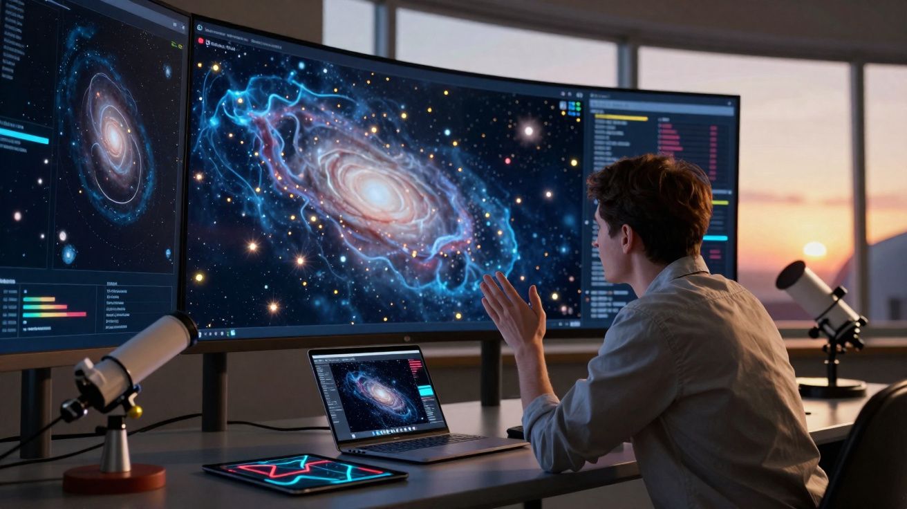 Pessoa a analisar imagens de galáxias em múltiplos ecrãs num ambiente moderno de trabalho com telescópios.