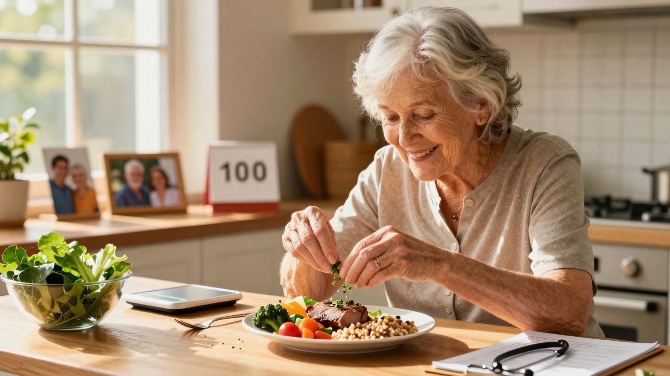 Idosa sorridente a preparar uma refeição saudável com legumes e cereais na cozinha iluminada.