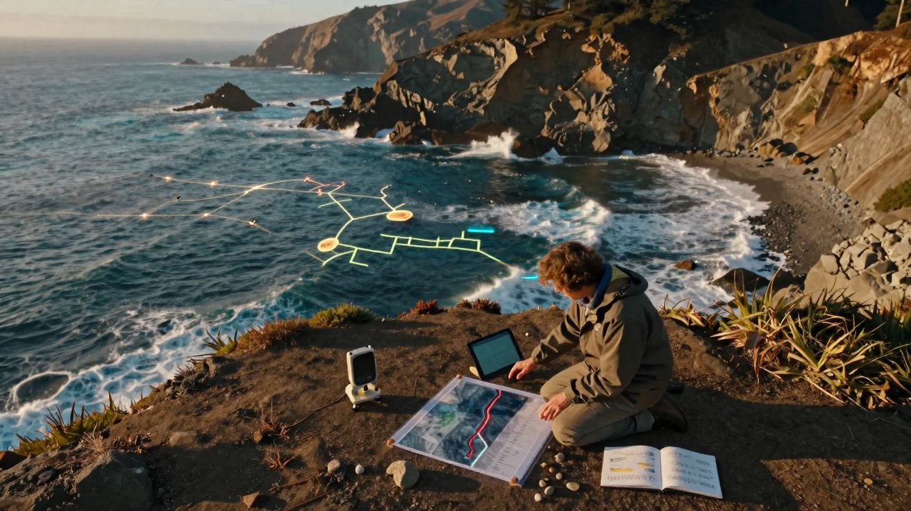 Pessoa sentada numa falésia junto ao mar, a trabalhar com mapas e dispositivos digitais.