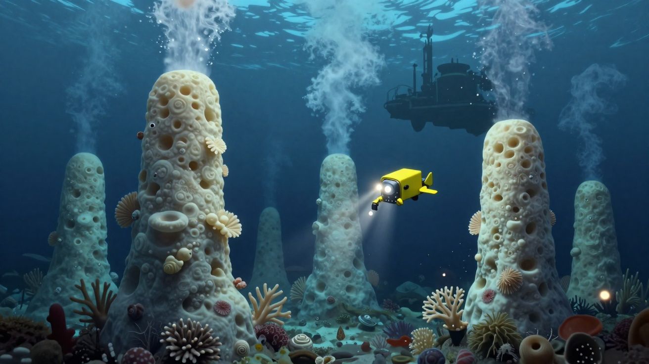 Veículo subaquático amarelo explora fontes hidrotermais em profundidade oceânica com corais e vida marinha.