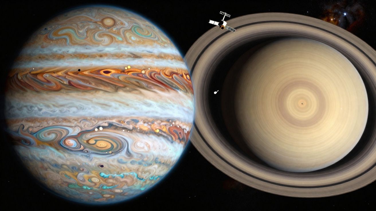 Planetas Júpiter e Saturno com detalhes dos anéis e uma sonda espacial em fundo negro estrelado.
