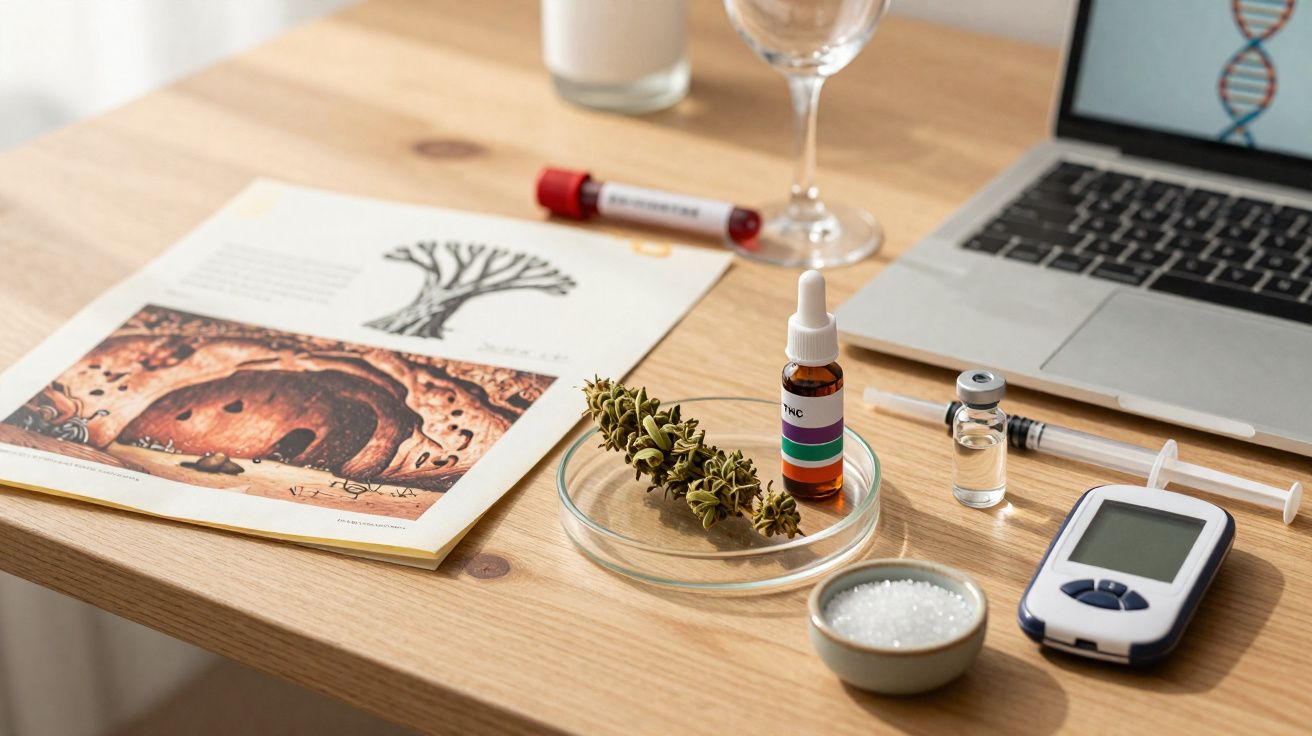 Mesa com medicamentos, planta de cannabis, dispositivo médico, seringa, lâmina com plantas e computador portátil.