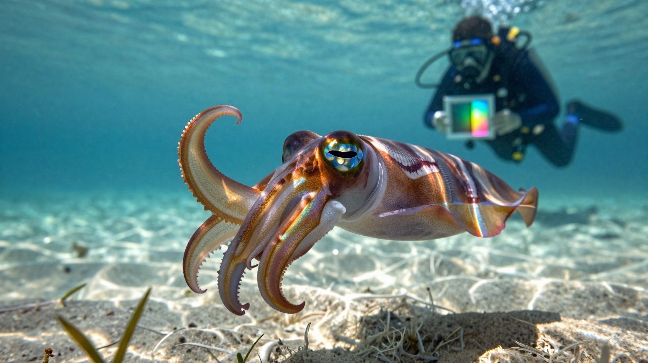 Lula colorida em primeiro plano com um mergulhador ao fundo em águas claras e rasas.