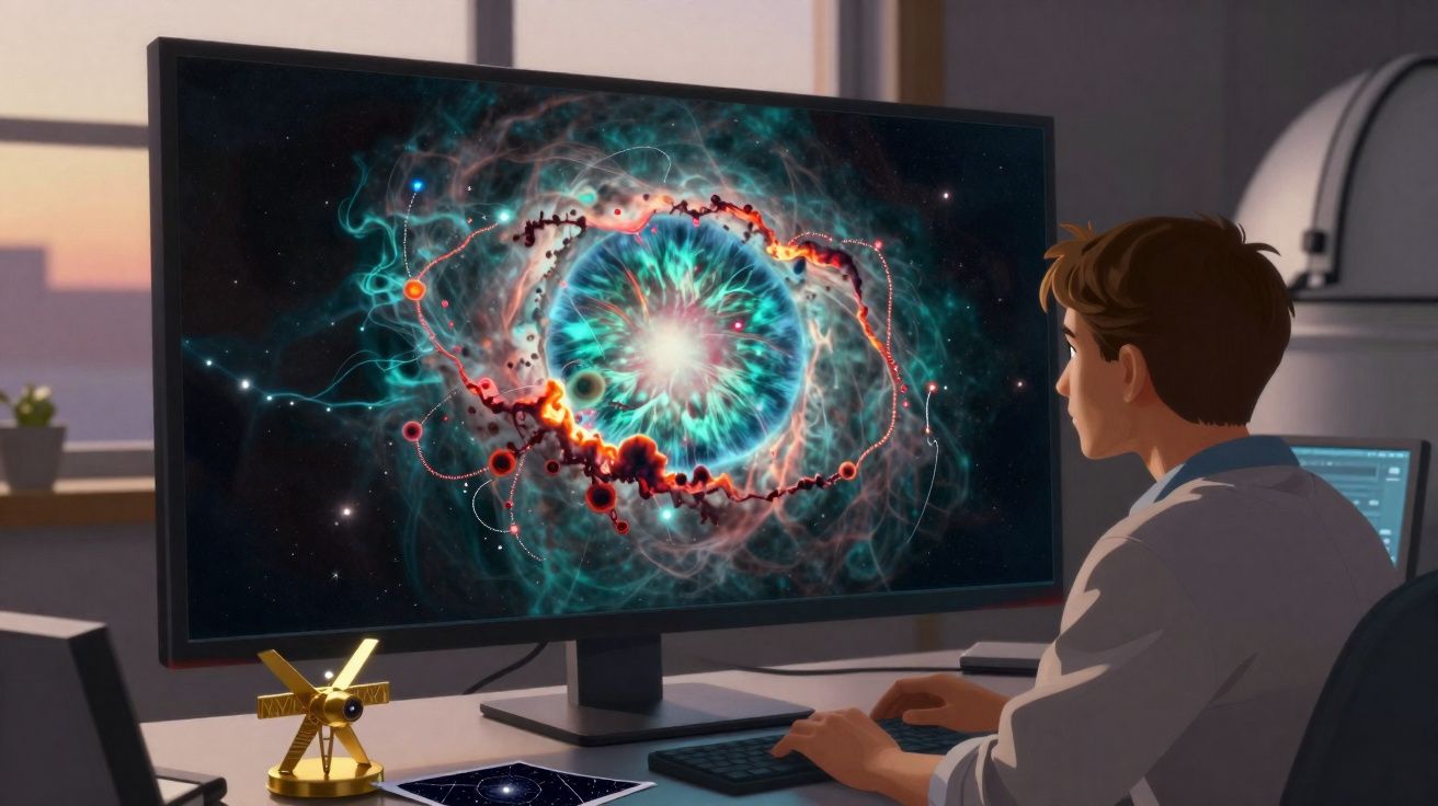 Jovem cientista analisa no ecrã complexo fenómeno cósmico com núcleo brilhante e padrões energéticos coloridos.
