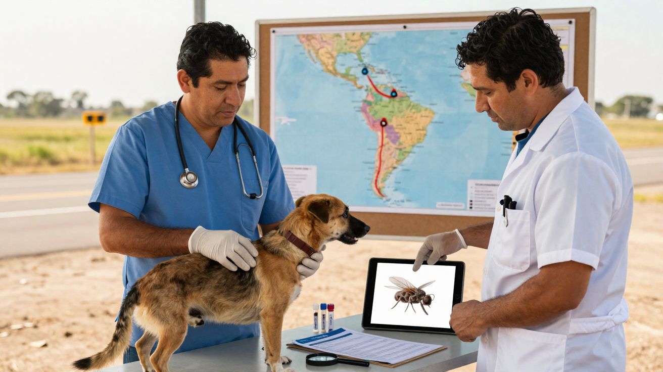 Dois veterinários examinam um cão sobre uma mesa com mapa e imagem digital de mosquito ao fundo.