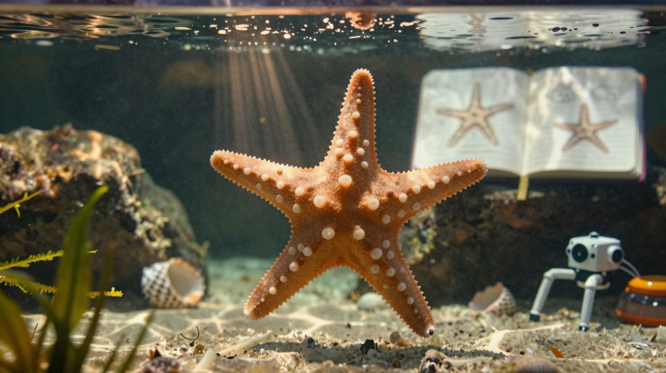 Estrela-do-mar submersa com livro aberto e equipamento tecnológico no fundo arenoso do mar.