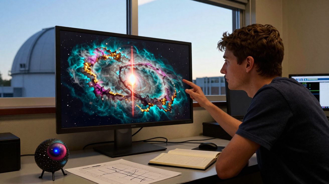 Jovem observa imagem de galáxia colorida num ecrã de computador numa sala com janela para observatório.